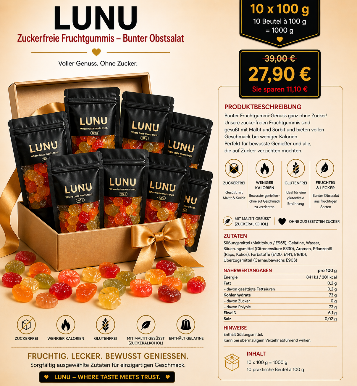 Zuckerfreie Fruchtgummis - Bunter Obstsalat 10 x 100g