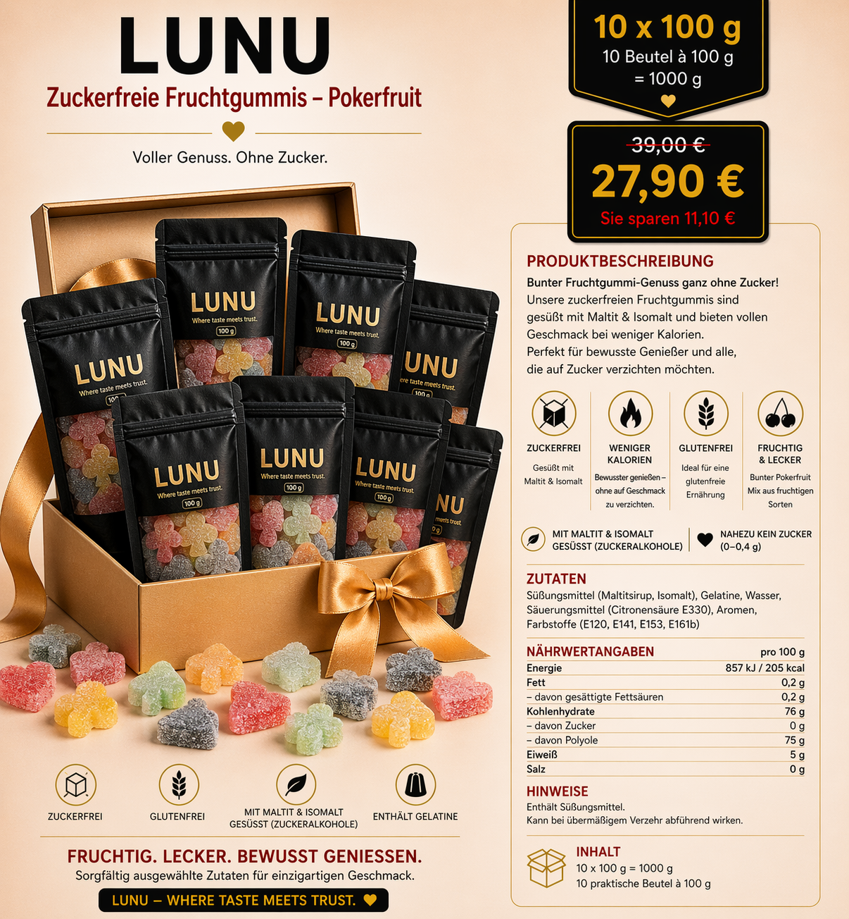 Zuckerfreie Fruchtgummis - Pokerfruit 10 x 100g