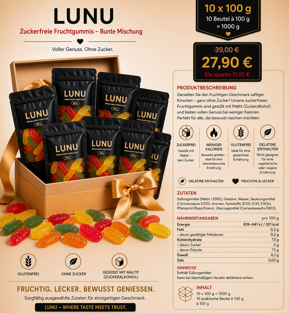 Zuckerfreie Fruchtgummis - Bunte Mischung 10 x 100g